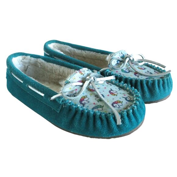 Minnetonka Girls Turquoise Unicorn Moccasin Slippers Size 3 Youth - Picture 1 of 10